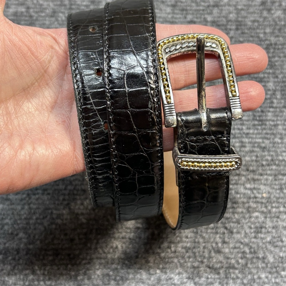 Talbots VTG Black Genuine Leather Belt Womens Sz M Italy Crocodile Emboss Silver